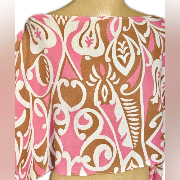 Linen Boho Retro Print Crop Top | Pink & Tan Off-Shoulder Wide Sleeve Blouse - Picture 6 of 9
